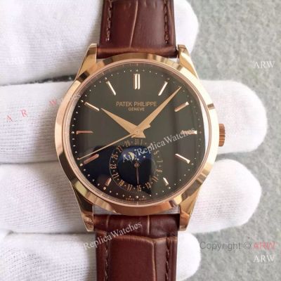 Swiss Replica Patek Philippe Geneve Moonphase Watch Rose Gold Brown Leather 40mm